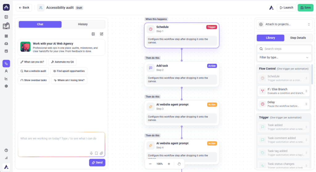 Workflow canvas with the step library and configuration panel