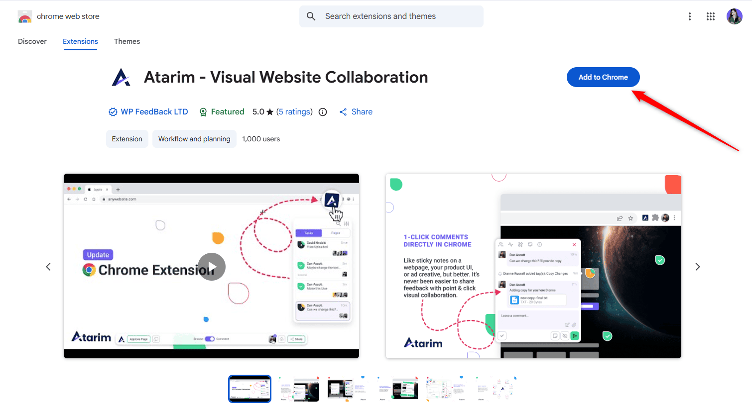 Atarim extension listing on the Chrome Web Store