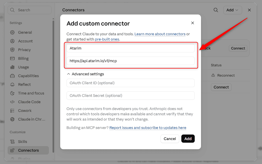 Custom connector form with the Atarim name and server URL entered