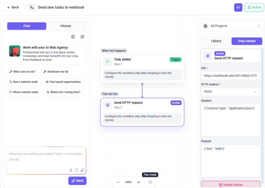 Webhook step configured in Atarim with a static payload