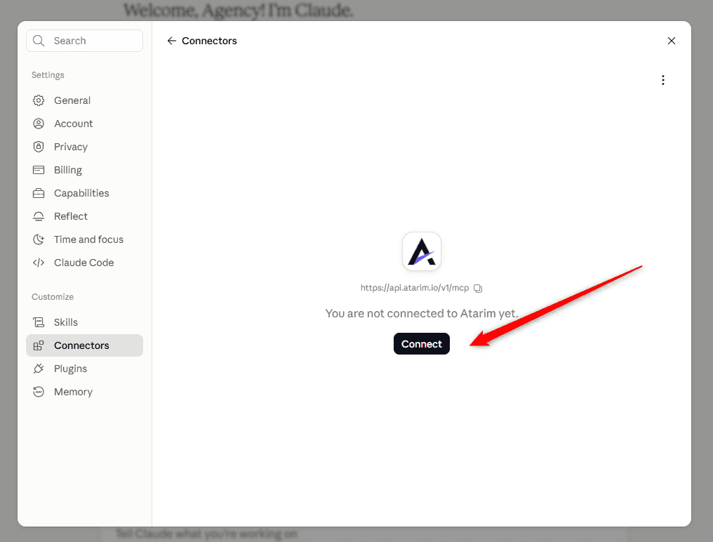 Atarim approval screen prompting to connect Claude
