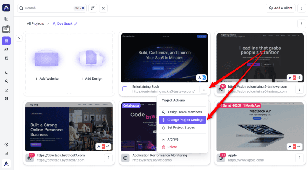 Change Project Settings option in the Project Actions menu
