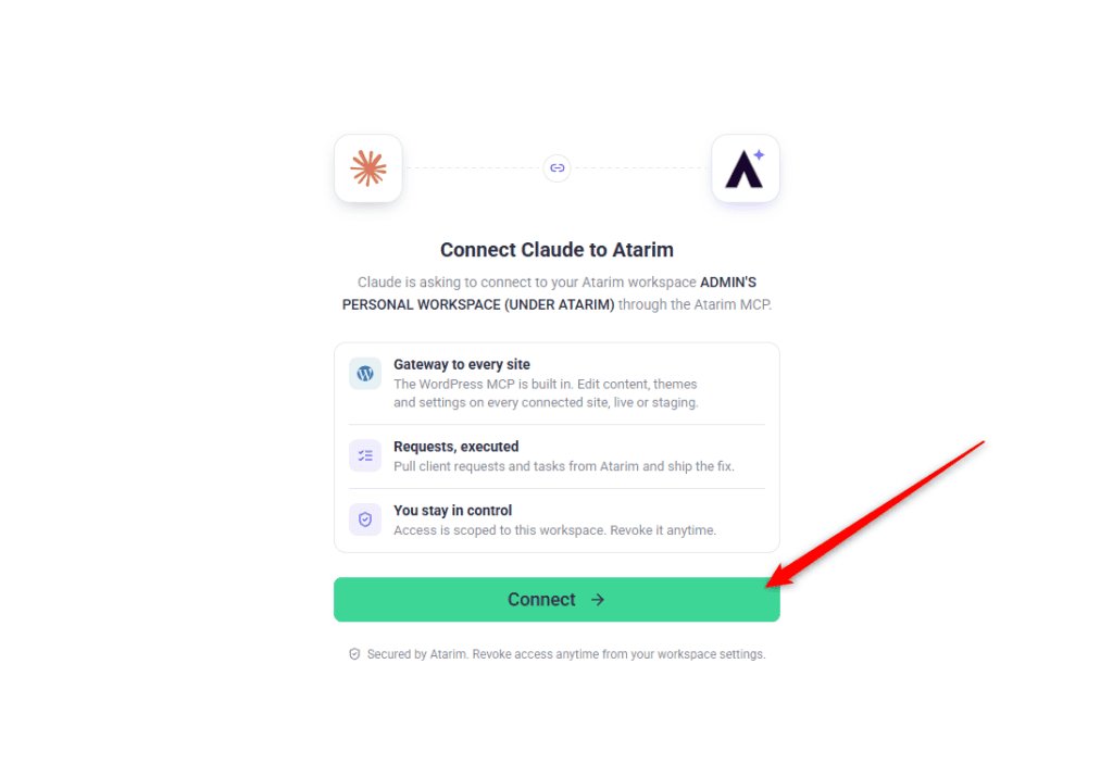 Authorisation prompt granting Claude access to the Atarim workspace