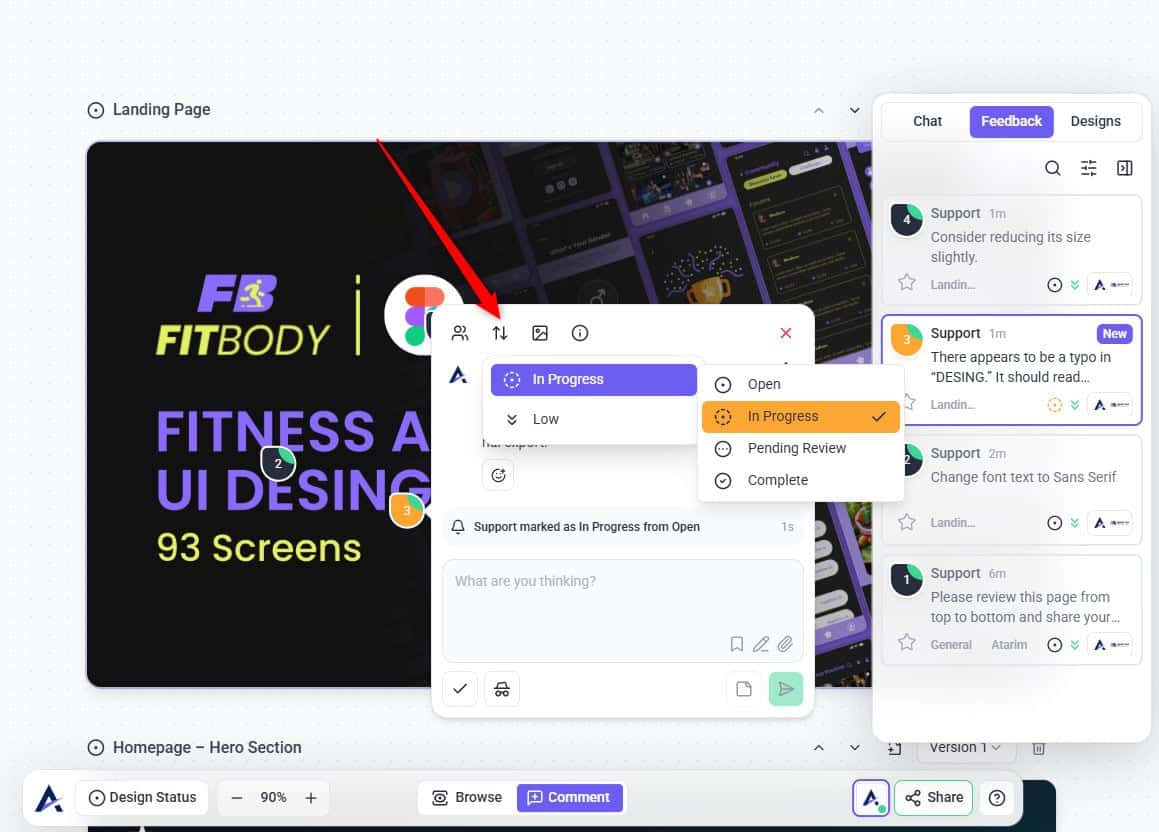 Changing the status of a design task in Atarim