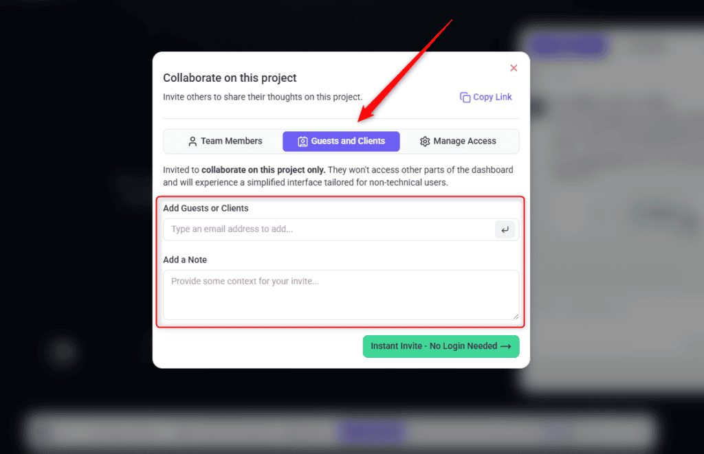 Guests and Clients tab with email addresses being added