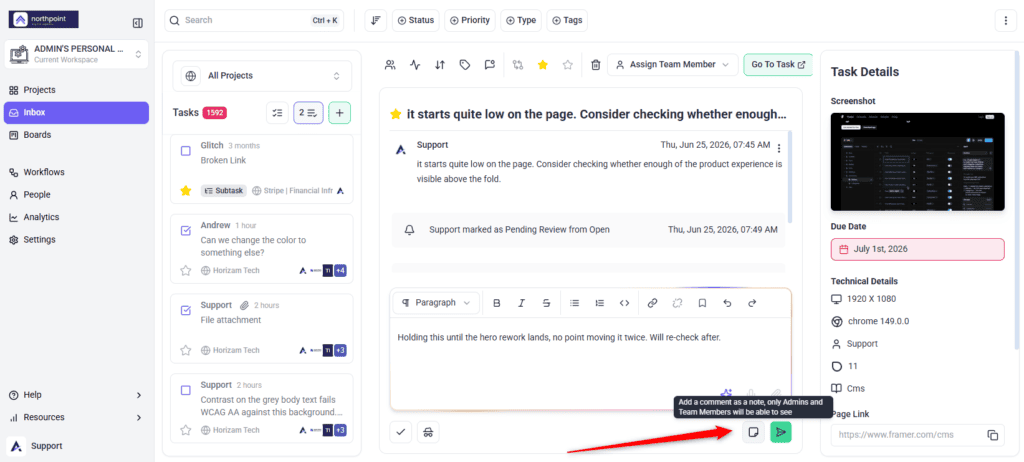 Note icon beside Send posting a comment as an internal note