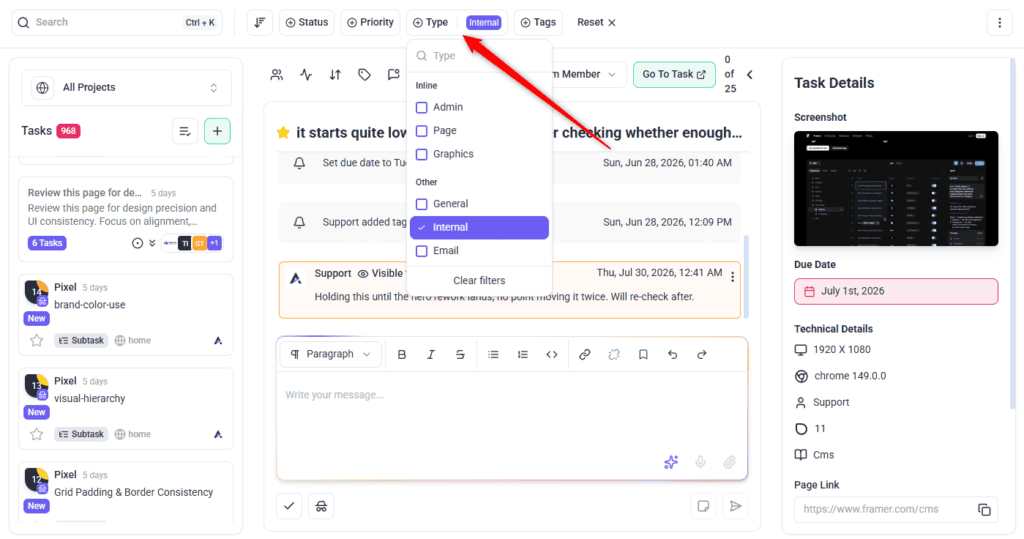 Task list with the Type filter open showing grouped options