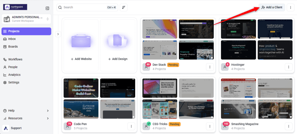 Projects screen showing client folders in a grid with an Add a Client button