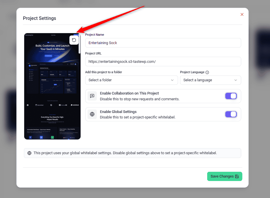 The sync control on the project image in Atarim Project Settings