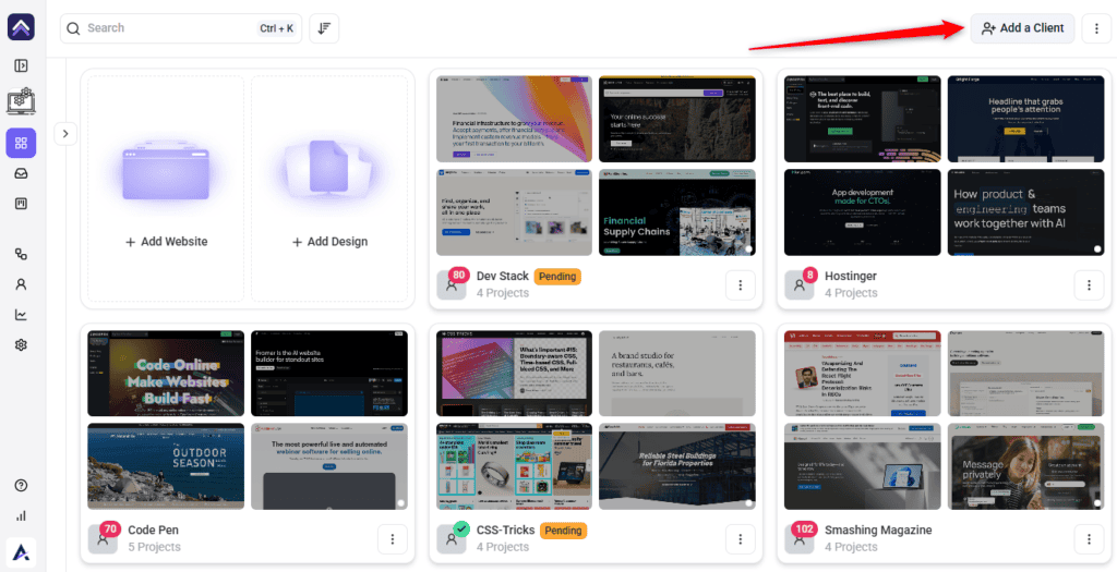 A client folder grouping several projects on the Atarim Projects screen