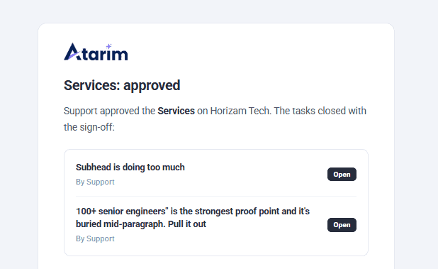 The page approved notification email, naming the approver, the page, and the tasks on it