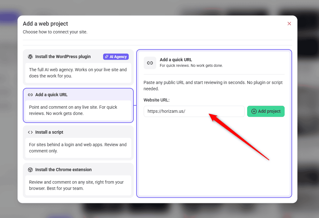 The Choose your collaboration method dialog in Atarim, showing the in-Atarim and Chrome extension options