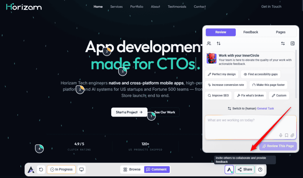 The share control as it appears in the Atarim collaborate view