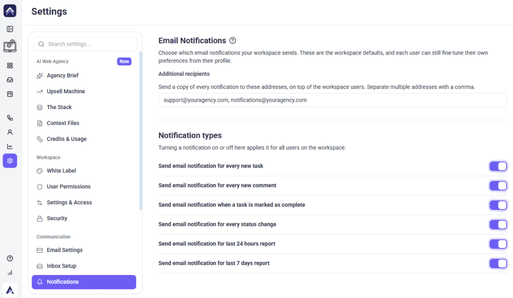 The Notifications panel in Atarim Settings, showing the six notification type switches