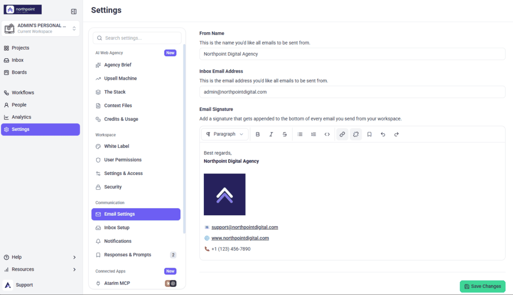 The Email Signature rich text editor in Atarim Email Settings, with its formatting toolbar above the signature field