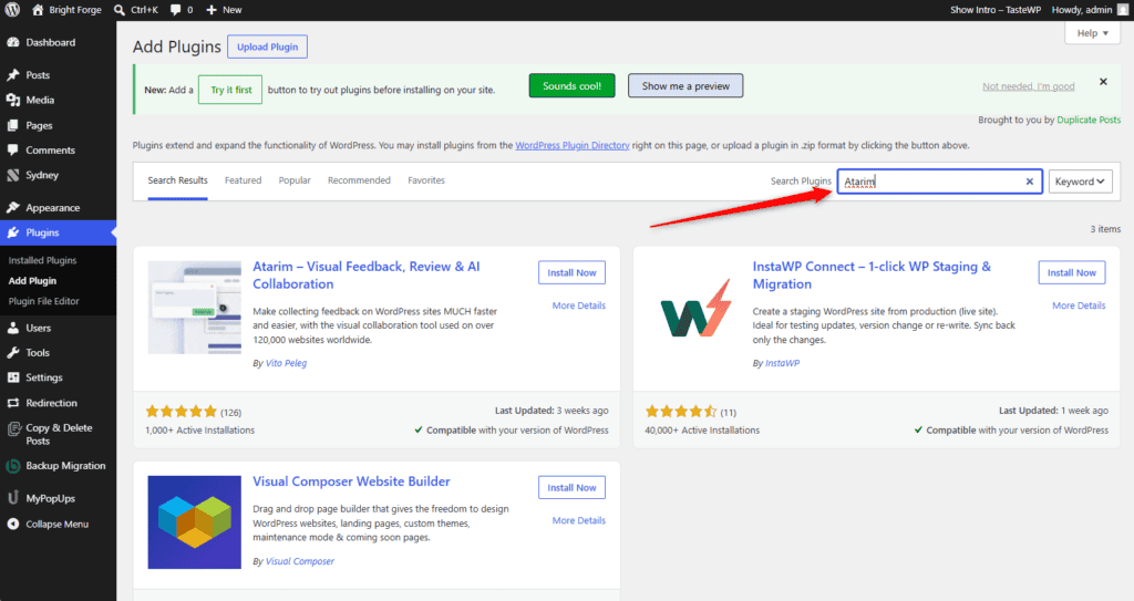 Searching for Atarim in the WordPress plugin directory