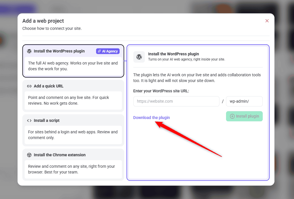 The Add Snippet control on the Atarim Projects screen