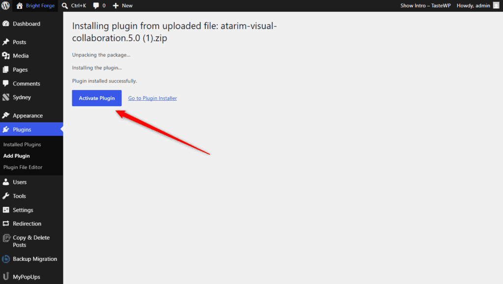 The Atarim plugin downloading as a zip file