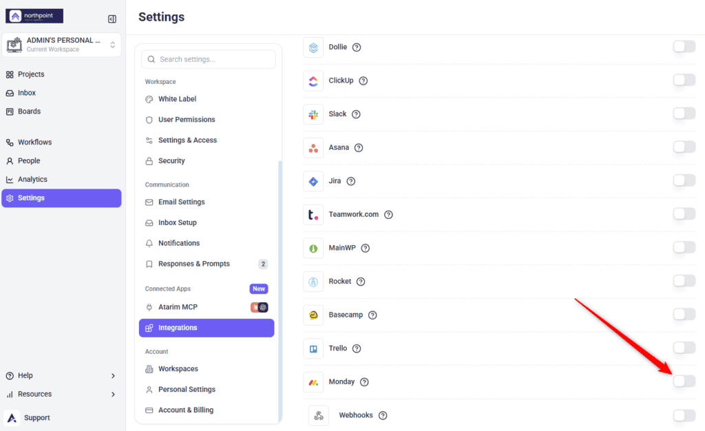 The Monday row in Atarim's Integrations panel with its toggle