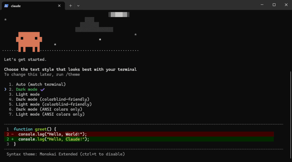 Claude Code first-run screen offering a choice of colour themes
