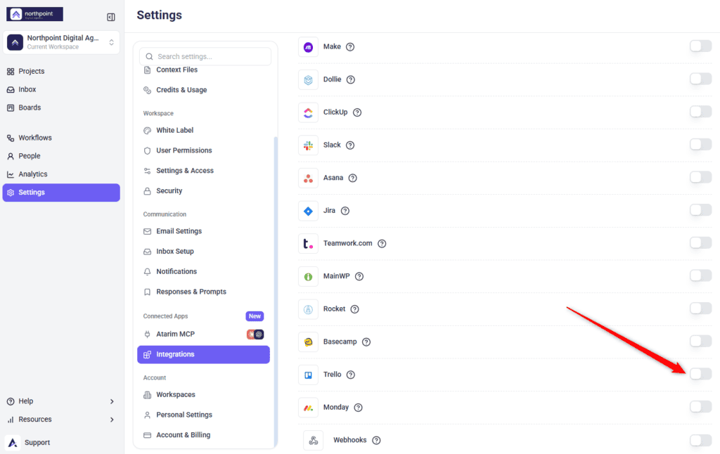 The Trello row in Atarim's Integrations panel with its toggle