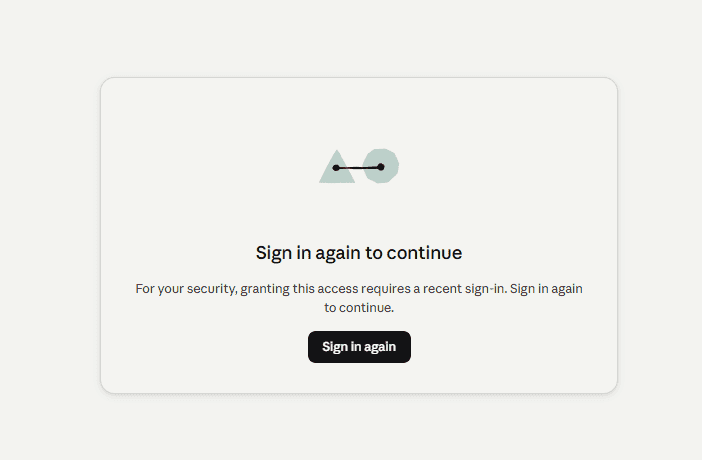 Claude prompt reading Sign in again to continue, with a Sign in again button