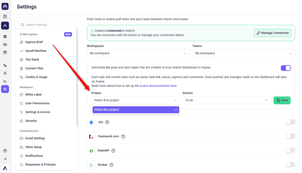 The Project selector in Atarim's Asana configuration
