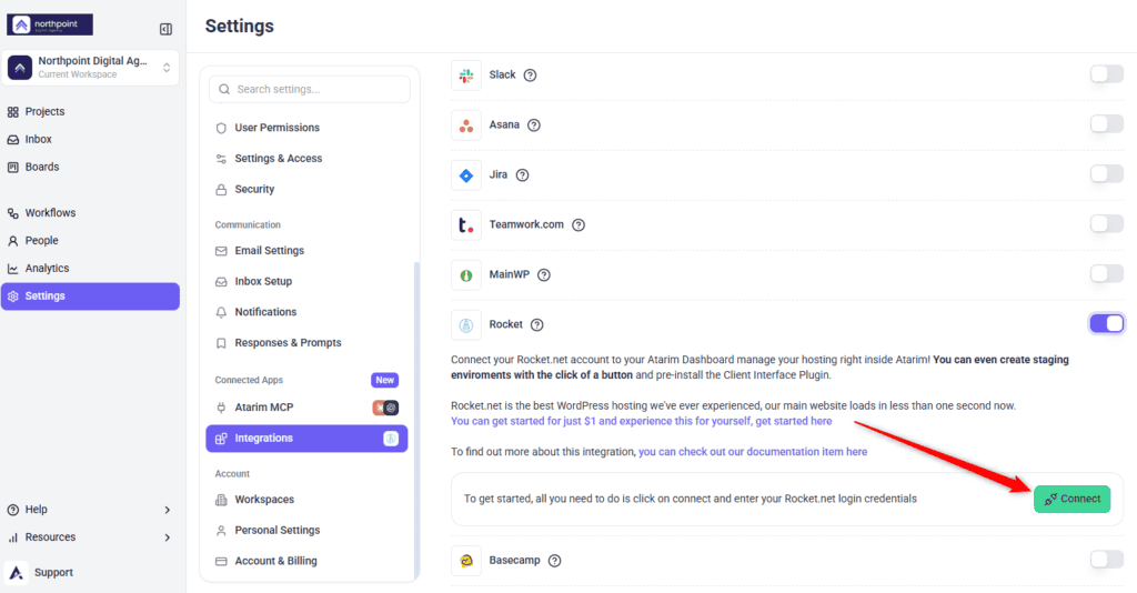 The connect button on the Rocket.net integration in Atarim