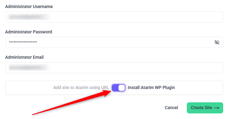 The Add site to Atarim using URL switch in the creation pop-up
