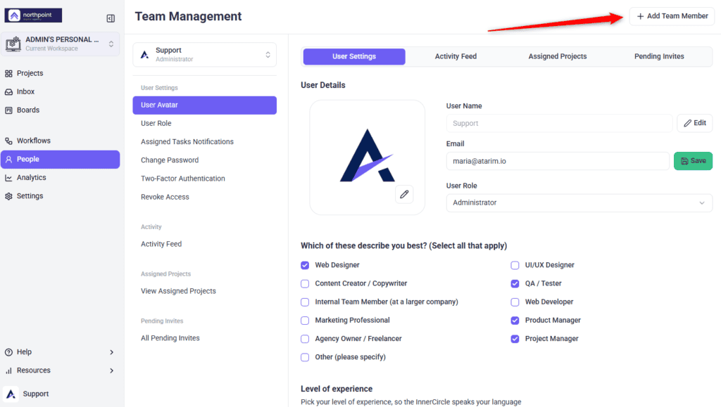 The Add Team Member button on the People screen in Atarim