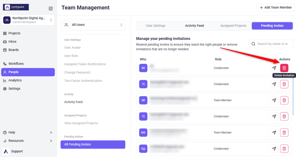 The resend and delete actions on a pending invitation row