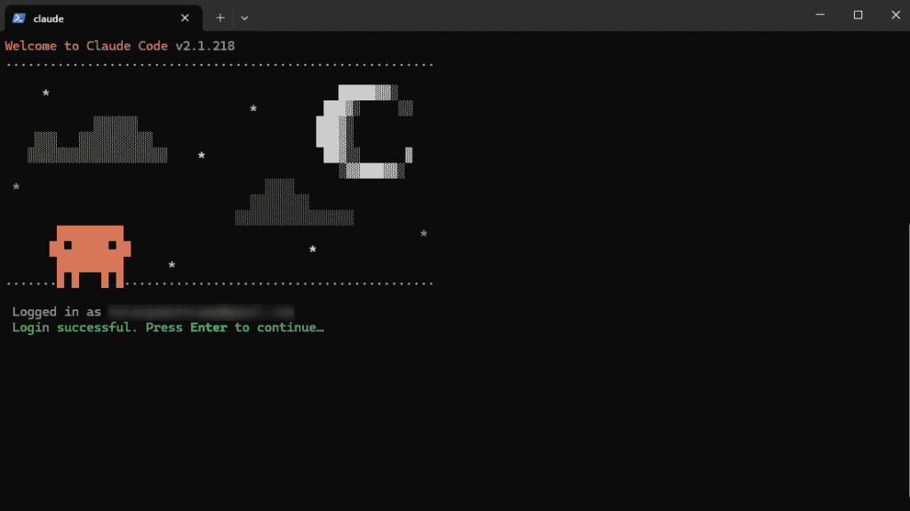 Terminal showing Login successful with a prompt to press Enter to continue