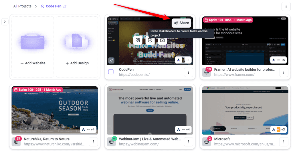 Share control in the collaboration view used to invite a client