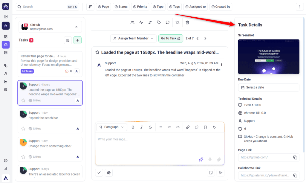 Task showing the captured screenshot and page details