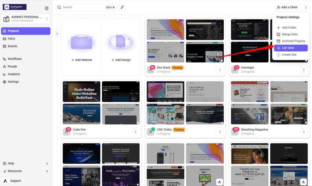 Projects shown as cards in Grid View