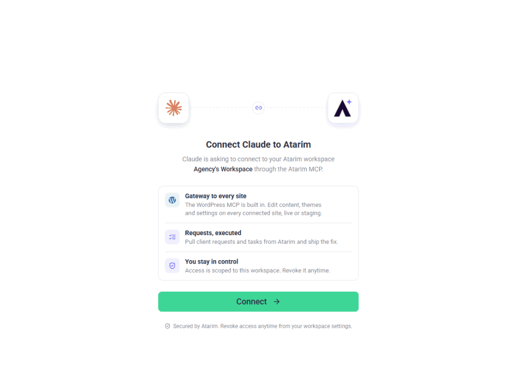 Atarim approval page headed Connect Claude to Atarim, listing what the connection allows