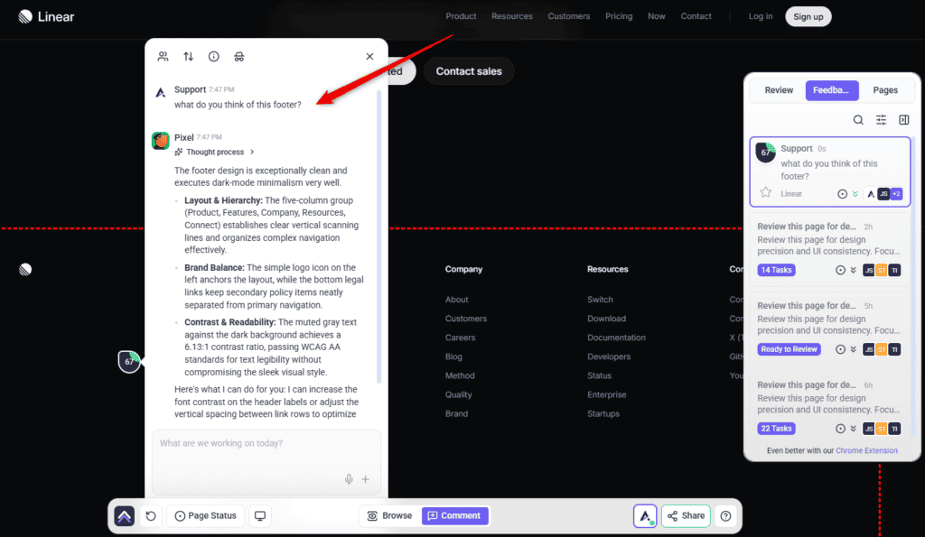 Asking about a page element in the Atarim AI chat