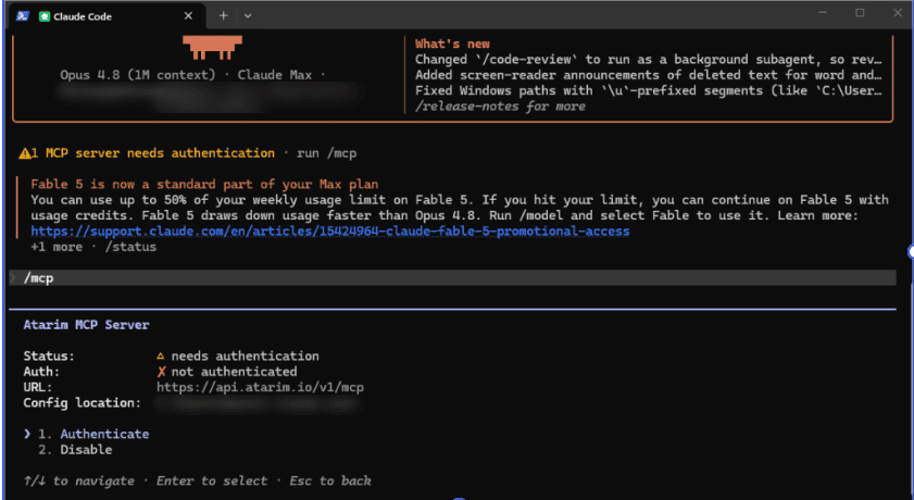 Authenticate option selected to connect Claude Code to Atarim