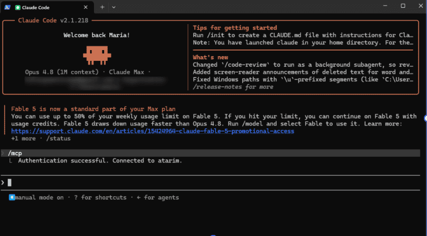Claude Code terminal confirming authentication succeeded and Atarim is connected