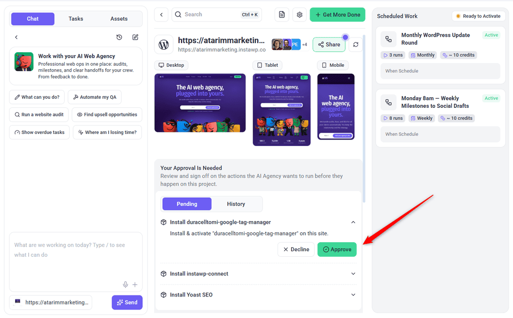 An install request expanded under Your Approval Is Needed, with Decline and Approve buttons