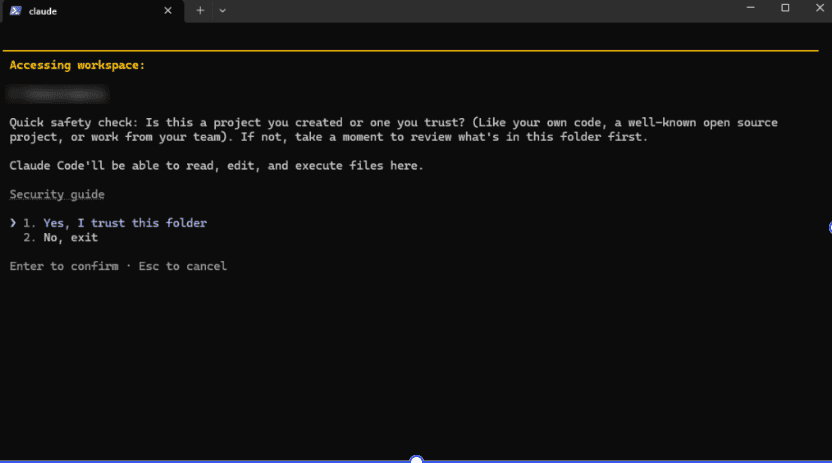 Prompt confirming you trust the folder Claude Code is running in