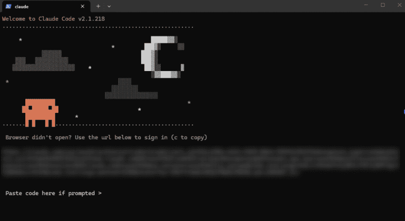 Claude Code showing a sign-in URL to open manually, with a prompt to paste the code back