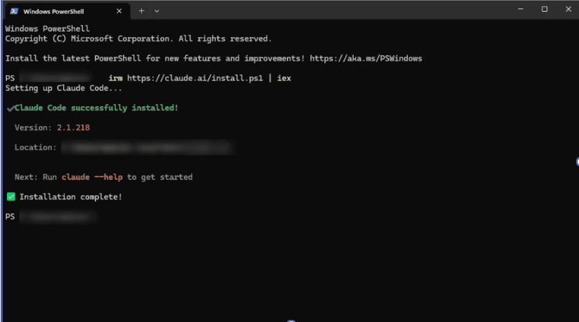 PowerShell confirming Claude Code installed, with the version number shown
