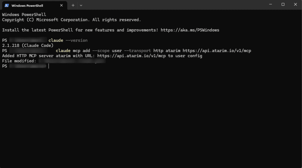 Terminal running claude mcp add and confirming the Atarim server was added