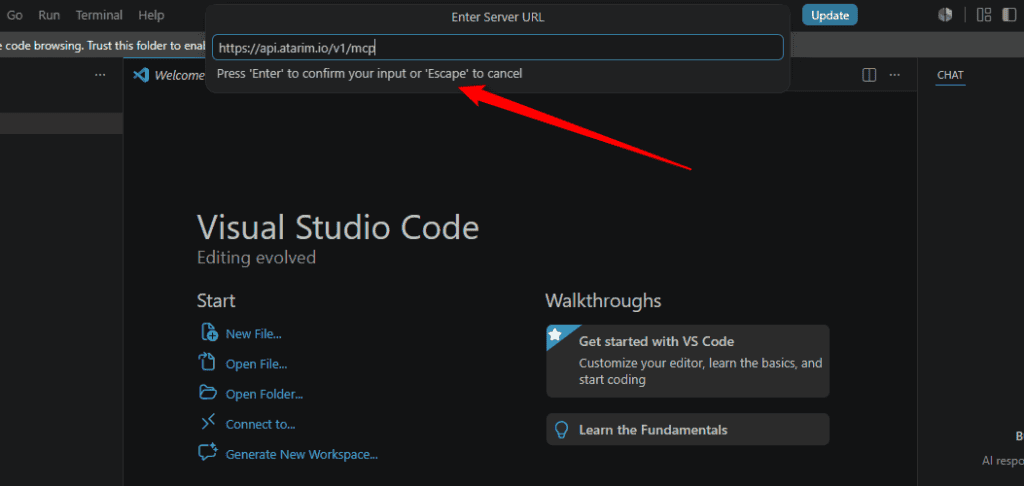 VS Code Enter Server URL prompt with the Atarim MCP endpoint entered