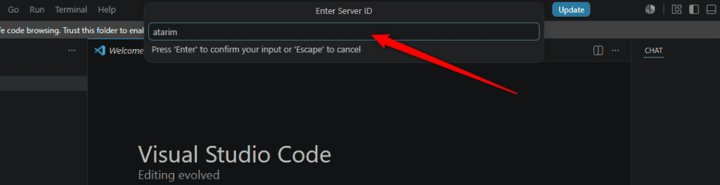 VS Code prompt naming the server atarim