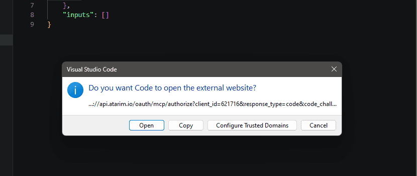 Dialog asking whether to open the external Atarim authorisation website