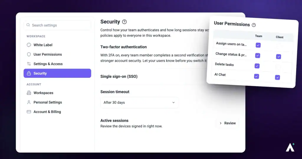 Atarim security and compliance settings