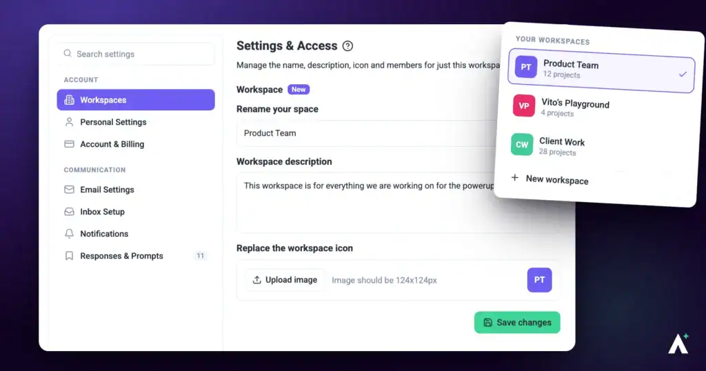Atarim workspace settings with the workspace switcher