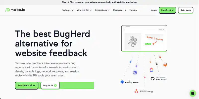 Marker.io homepage: turn website feedback into developer-ready bug reports sent to Jira, Asana and GitHub